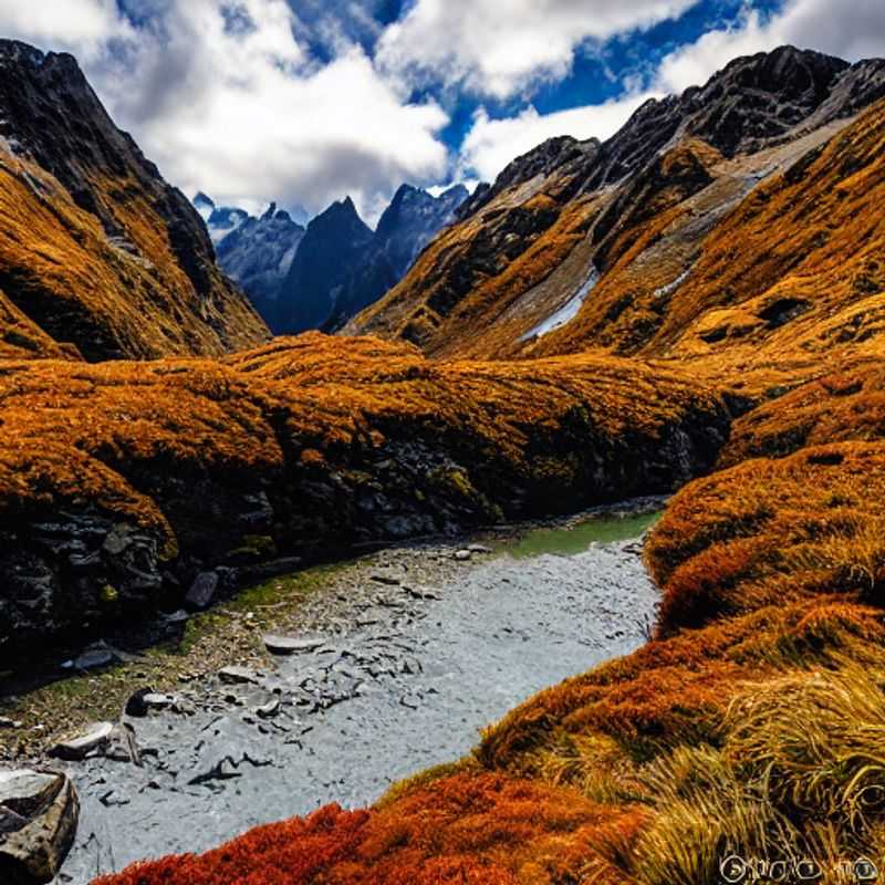 Vue imprenable sur le sentier de Routeburn, Nouvelle-Zélande, baigné par le soleil estival : l'aventure idéale pour des vacances inoubliables.
