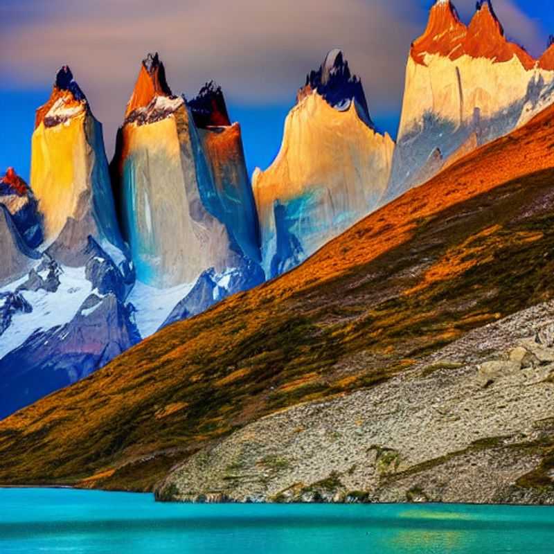 Majestic granite peaks of Torres del Paine pierce the vibrant summer sky, reflecting in the turquoise glacial lake below, showcasing the breathtaking beauty that makes this Chilean national park a prime summer holiday destination.