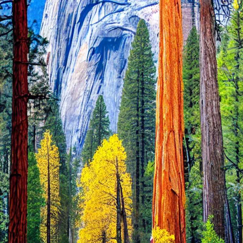 Majestuosa vista del Parque Nacional de Yosemite, California, con sus imponentes formaciones rocosas y exuberante vegetación bajo el cálido sol de verano, ideal para unas vacaciones inolvidables.