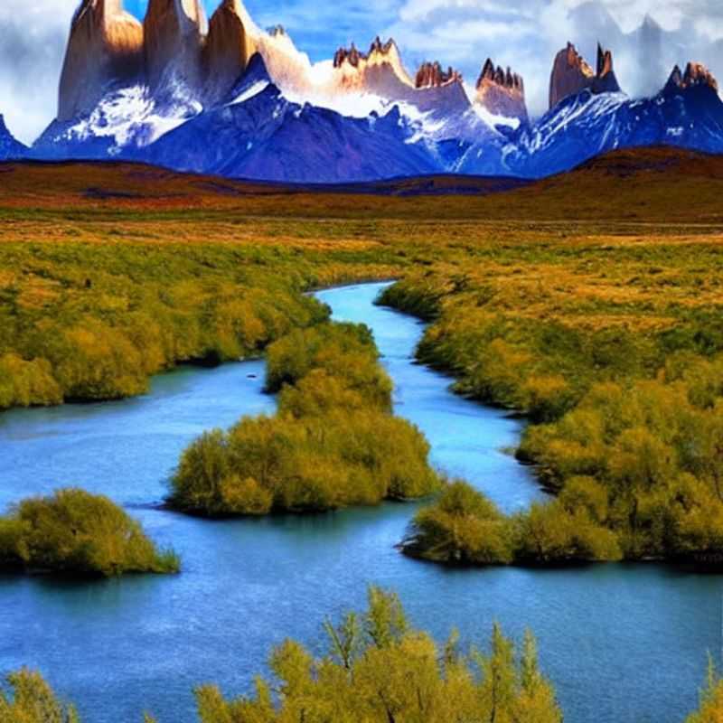 Paysage époustouflant de Patagonie, Argentine et Chili, sous le soleil estival : des sommets enneigés se dressent fièrement, promettant une aventure inoubliable.