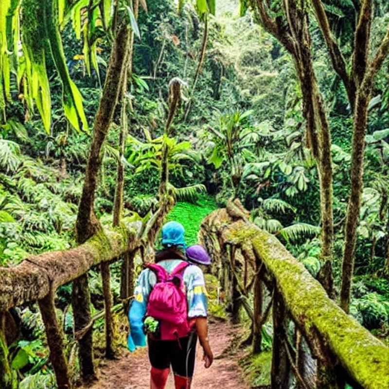 Duas pessoas fazendo uma trilha na selva para Ciudad Perdida, Colômbia, uma aventura ideal para as férias de verão.
