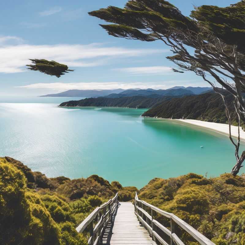Hikers pause on a golden sandy beach along the Abel Tasman Coast Track, New Zealand, with turquoise waters and lush green forests framing the breathtaking coastal scenery.