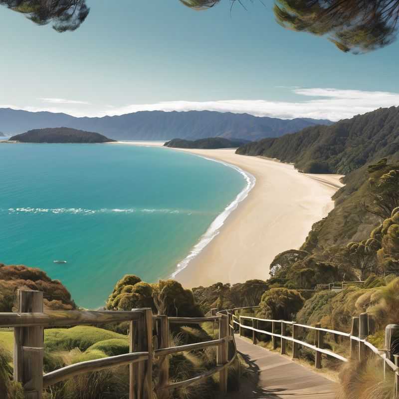 Hikers pause on a golden sandy beach along the Abel Tasman Coast Track, New Zealand, with turquoise waters and lush green forests framing the breathtaking coastal scenery.