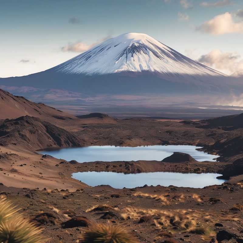 Pareja contemplando el espectacular paisaje volcánico del Cruce Alpino de Tongariro, Nueva Zelanda, durante una caminata invernal.