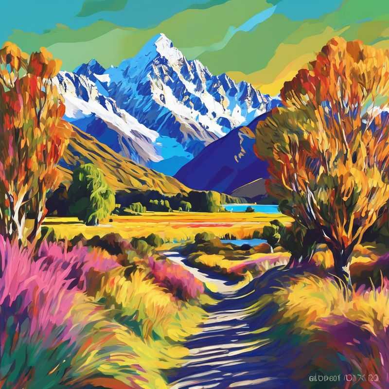 Snow-capped Aoraki / Mount Cook standing sentinel over the turquoise glacial lakes and rugged beauty of the Hooker Valley Track, a hiker's paradise and a testament to New Zealand's majestic alpine grandeur.