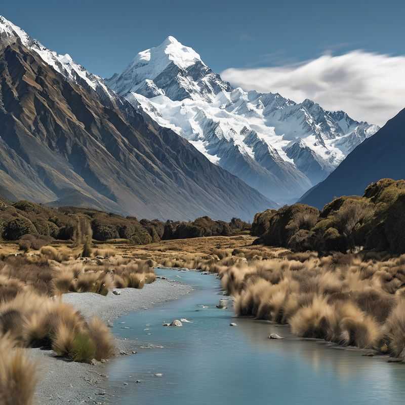 Snow-capped Aoraki / Mount Cook standing sentinel over the turquoise glacial lakes and rugged beauty of the Hooker Valley Track, a hiker's paradise and a testament to New Zealand's majestic alpine grandeur.