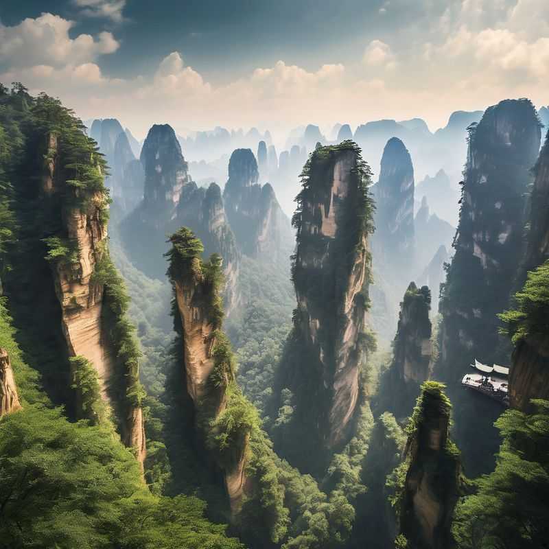 Misty, towering sandstone pillars, characteristic of Zhangjiajie National Forest Park, China, shrouded in a mystical, ethereal fog, hinting at the otherworldly landscapes awaiting discovery.