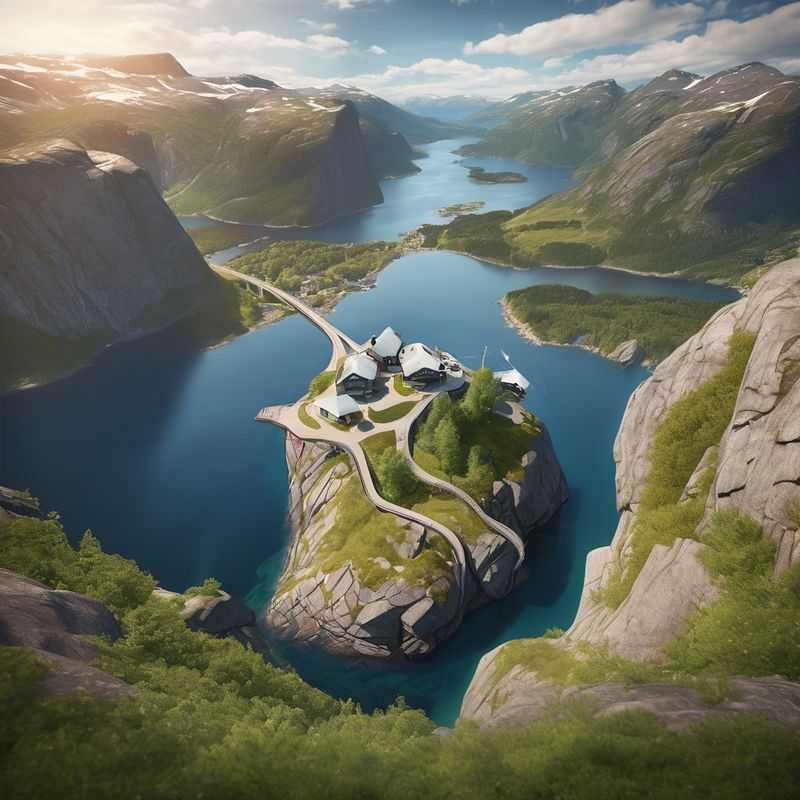 A breathtaking view of Kjeragbolten, a famously wedged boulder suspended precariously between two cliffs, overlooking a dramatic Norwegian fjord, highlighting the adventurous spirit of visitors to the region.