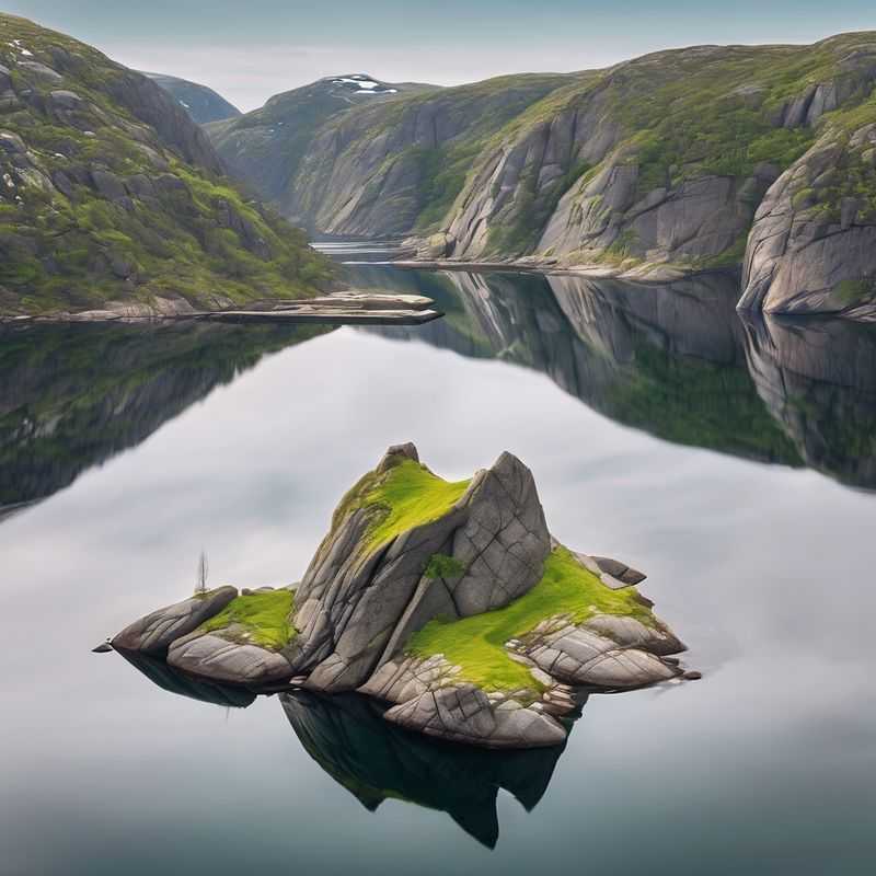 A breathtaking view of Kjeragbolten, a famously wedged boulder suspended precariously between two cliffs, overlooking a dramatic Norwegian fjord, highlighting the adventurous spirit of visitors to the region.
