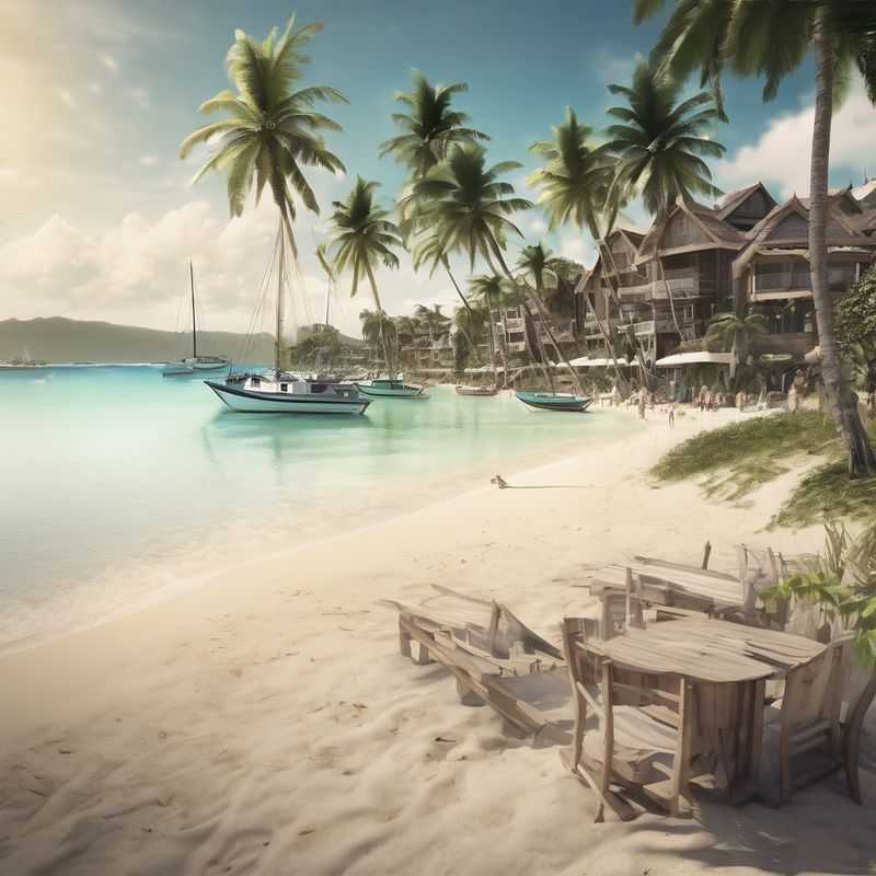 A couple strolling hand-in-hand along the powdery white sands of White Beach, Boracay, Philippines, with crystal-clear turquoise waters gently lapping at the shore, showcasing the island's idyllic tropical paradise.