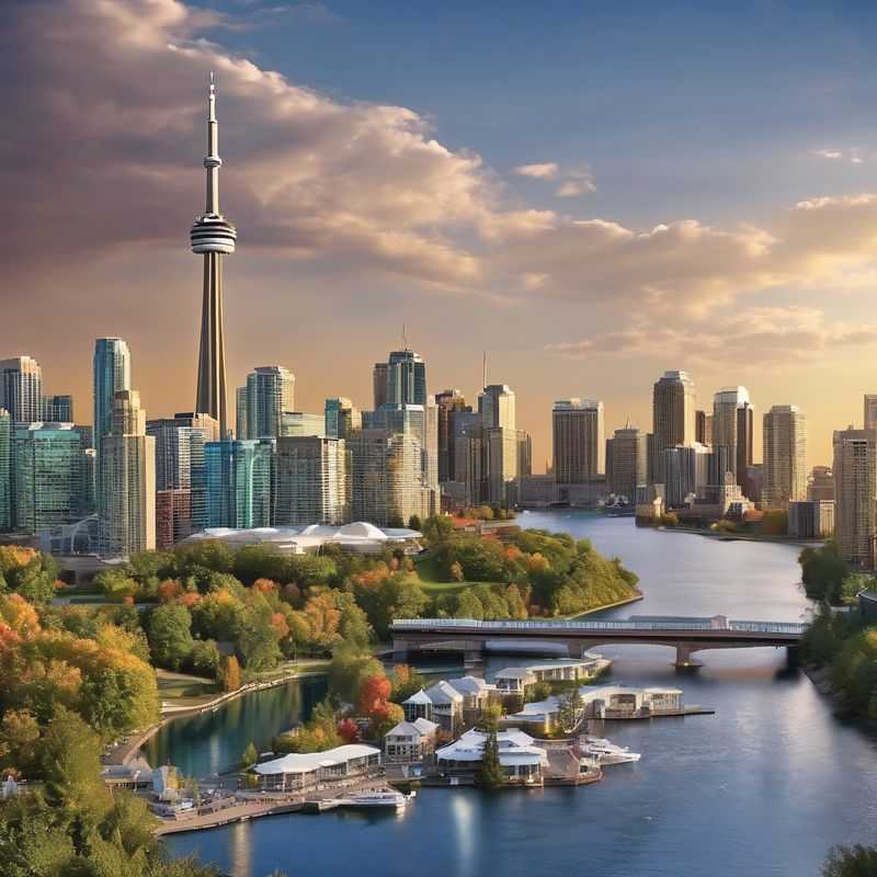 A panoramic view of Toronto's diverse skyline, showcasing the CN Tower, glittering waterfront, and distinct neighborhoods, highlighting the city's vibrant appeal for visitors.