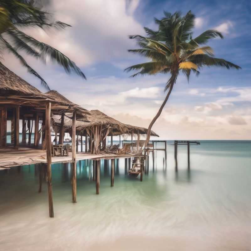Panoramic view of a pristine white sand beach in Zanzibar, Tanzania, with crystal clear turquoise waters and lush palm trees swaying gently in the tropical breeze.