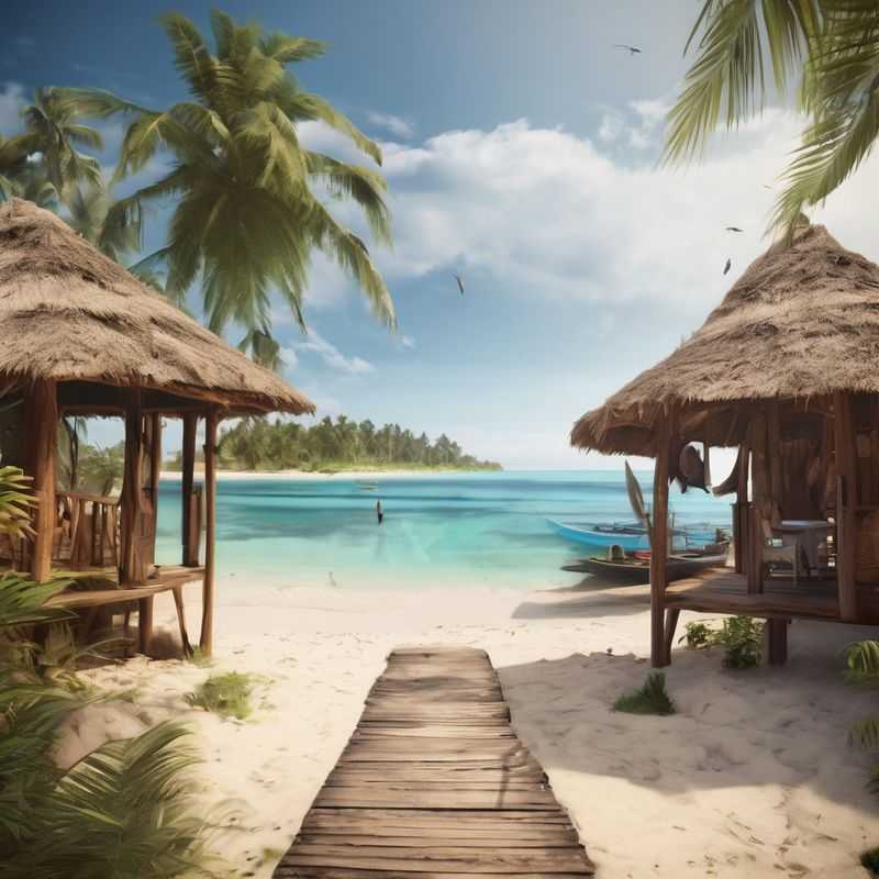 Panoramic view of a pristine white sand beach in Zanzibar, Tanzania, with crystal clear turquoise waters and lush palm trees swaying gently in the tropical breeze.