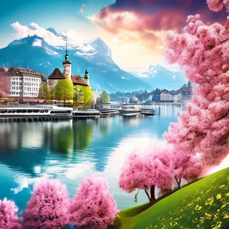 Um viajante solo, com um sorriso radiante, explorando as ruas charmosas de Lucerna, Suíça, durante a primavera, cercado por flores coloridas e o cenário montanhoso impressionante. A cidade se prepara para um festival vibrante, prometendo uma experiência única para este aventureiro.