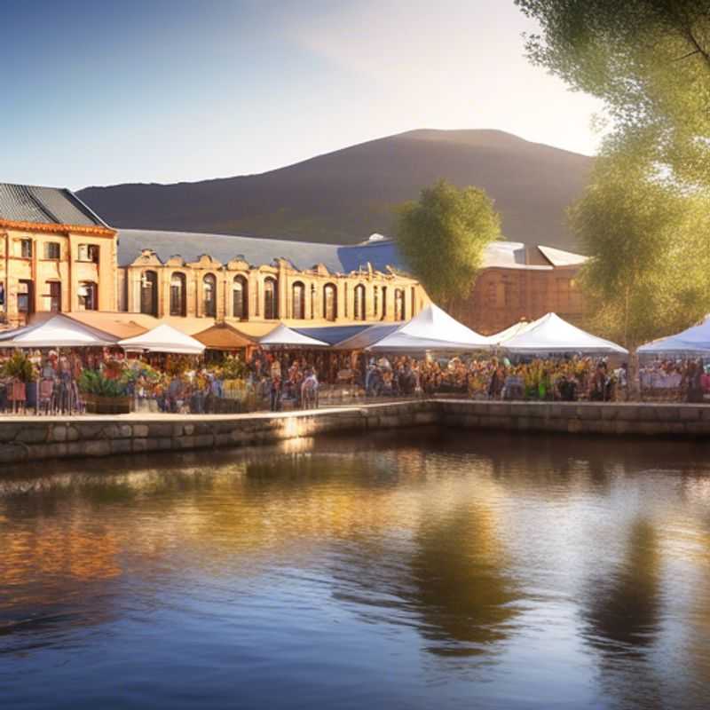 A family of foodies reveling in the vibrant flavors of Tasmania, Australia, with a backdrop of lush green hills and a charming seaside town.