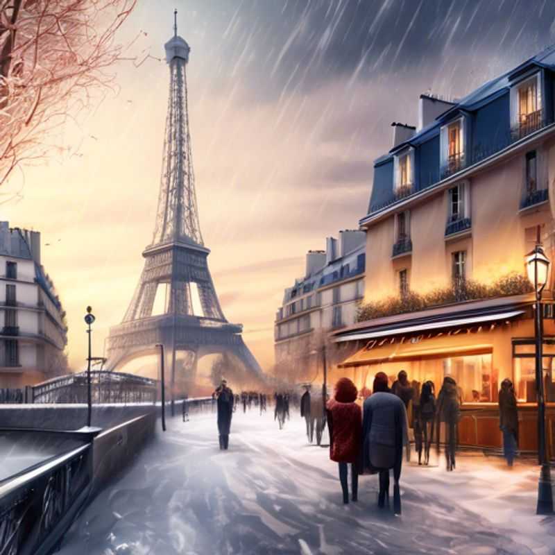 Un voyageur solitaire admireant la magie hivernale de Paris, la Tour Eiffel scintillant sous un ciel nuageux, pendant son séjour de trois semaines dans la Ville Lumière.