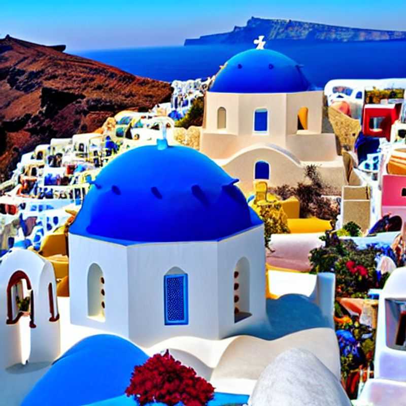 Santorin, Grèce, au printemps : Une vue époustouflante des maisons blanches et bleues typiques perchées sur une falaise, baignées de soleil printanier.