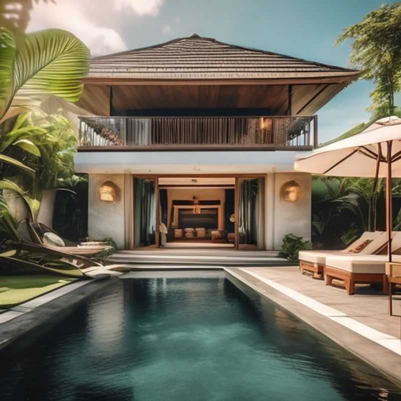 Un couple élégant se prélasse au bord d'une piscine à débordement privée, entouré de luxuriants jardins tropicaux, dans un luxueux hôtel à Bali.