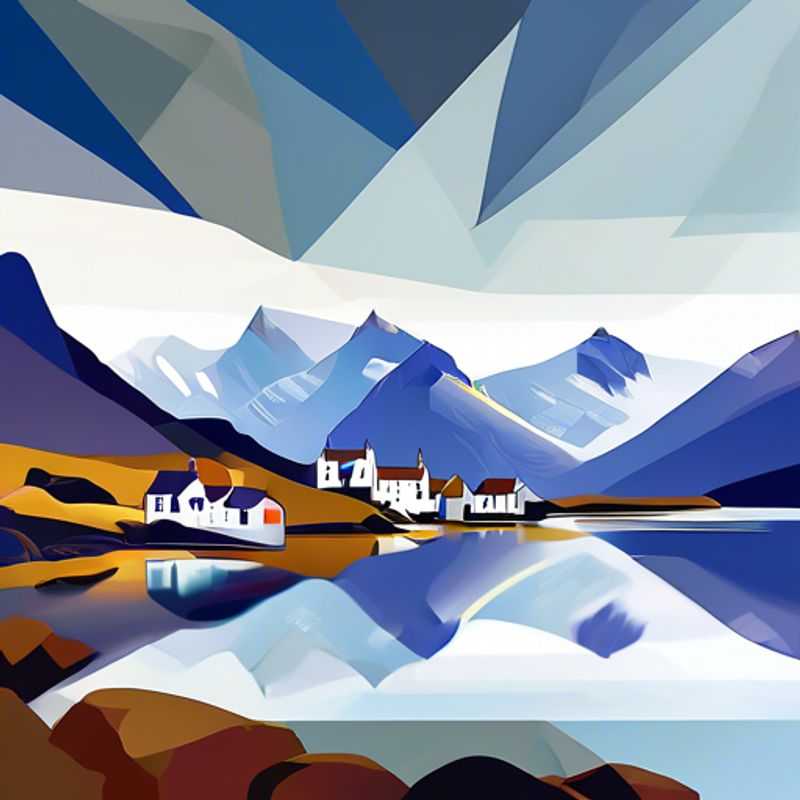 Un voyageur solitaire se tenant au sommet d'une falaise sur l'île de Skye, en Écosse, contemplant le paysage grandiose et sauvage de l'île, sous un ciel nuageux et dramatique. L'air est frais et pur, et le rugissement des vagues sur les côtes rocheuses est une mélodie hypnotique.