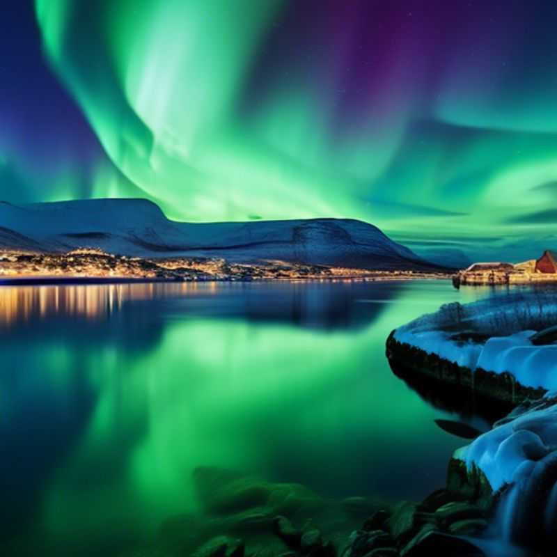 Three adventurous couples gazing in awe at the breathtaking Northern Lights dancing across the night sky above Tromsø, Norway, during their two-week coolcation adventure.