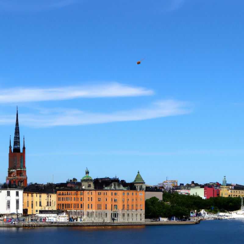 A solitary traveler basking in the radiant glow of a summer sunset over Stockholm's captivating skyline, adorned with the iconic尖顶 of the Stadshuset (City Hall), during an unforgettable 24-hour sojourn in the Swedish capital.