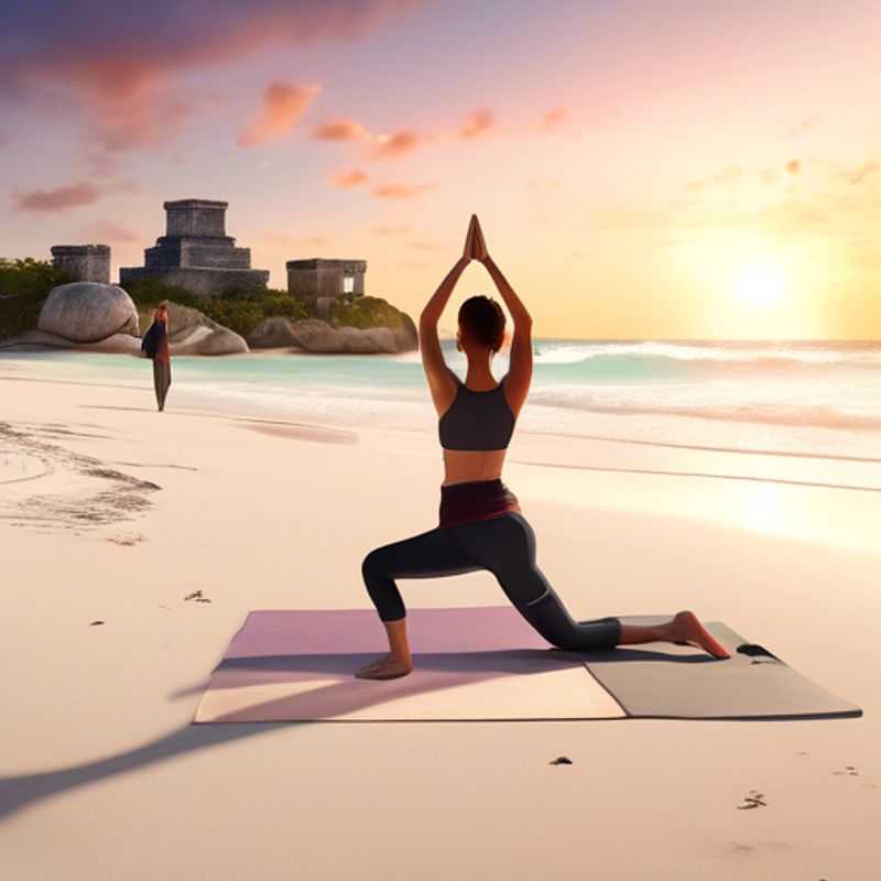 A lone traveler basking in the vibrant energy of Tulum, Mexico. The ancient Mayan ruins stand majestically against the backdrop of a turquoise Caribbean Sea, as the sun sets on a day of exploration and festival fun.