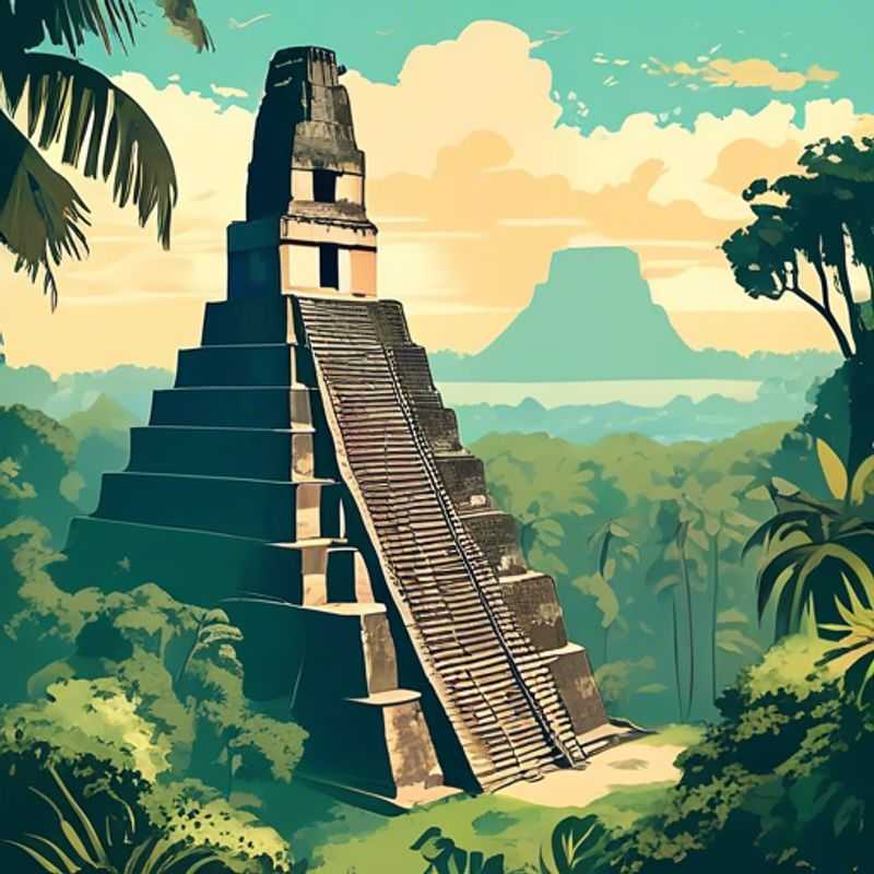 Tres parejas, The Group Traveler, explorando las imponentes ruinas mayas de Tikal, Guatemala, bajo el sol primaveral. La majestuosa selva y la antigua arquitectura crean un escenario impresionante para su aventura de 24 horas.