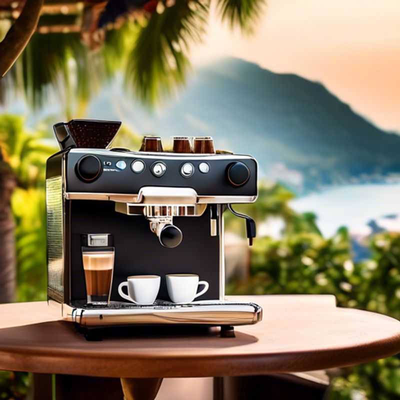 A sleek, portable espresso machine, promising cafe-quality coffee on the go, sits on a rustic wooden table, ready to transform any location into a coffee oasis.