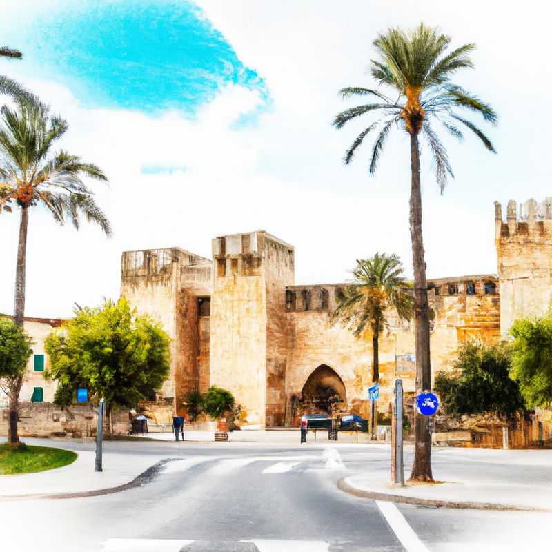 Two couples basking in the golden glow of Alcudia's historic town square, surrounded by quaint buildings and vibrant cafes, during their 24-hour summer sojourn in the heart of the Balearic Islands, Spain.