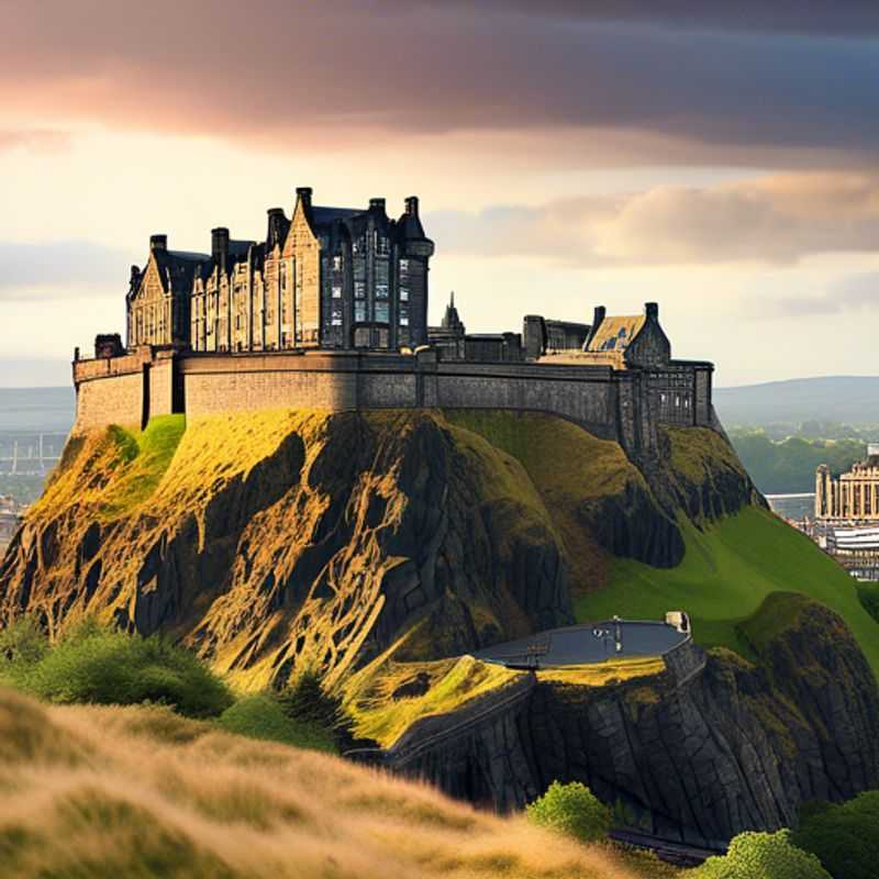 A solo luxury traveler gazing out over the breathtaking panorama of Edinburgh, Scotland, from the historic Edinburgh Castle, a majestic symbol of the city's rich history and vibrant spirit.