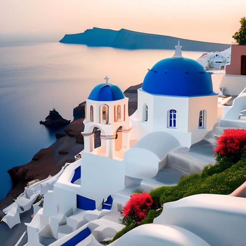 Two couples, embracing the vibrant spring bloom of Santorini, Greece, gazing at the iconic whitewashed villages cascading down the volcanic cliffs, a testament to the island's breathtaking beauty and sustainable spirit.