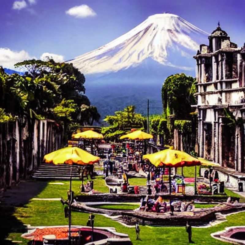 Antigua Guatemala, printemps éclatant : maisons colorées sous un ciel bleu azur.