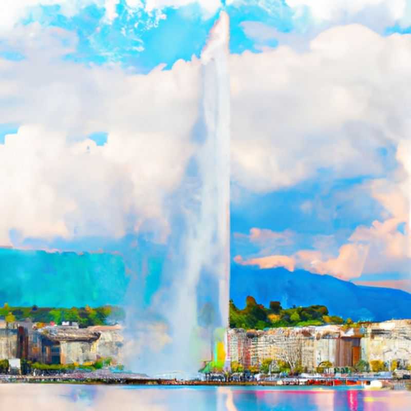 Three couples marveling at the grandeur of Geneva's iconic Jet d'Eau, a majestic fountain soaring against the backdrop of the snow-capped Alps during their two-week spring sojourn in the heart of Switzerland.