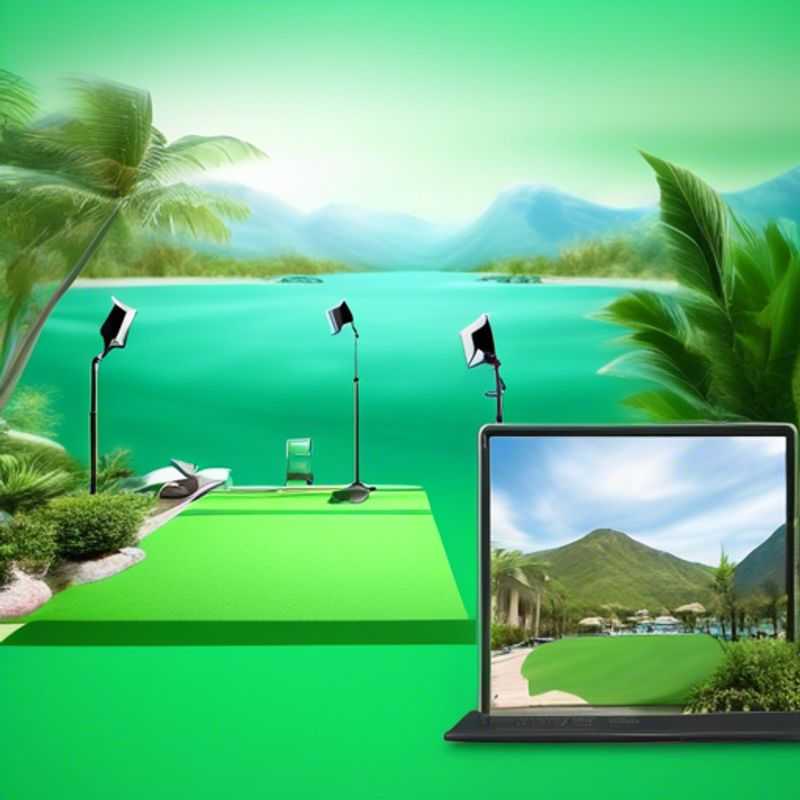 A portable green screen, set up for video calls, seamlessly blends into a virtual background for professional and engaging video conferencing.