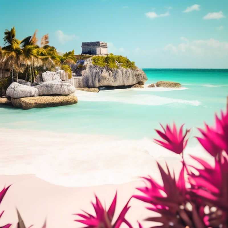 A lone traveler basking in the vibrant energy of Tulum, Mexico. The ancient Mayan ruins stand majestically against the backdrop of a turquoise Caribbean Sea, as the sun sets on a day of exploration and festival fun.