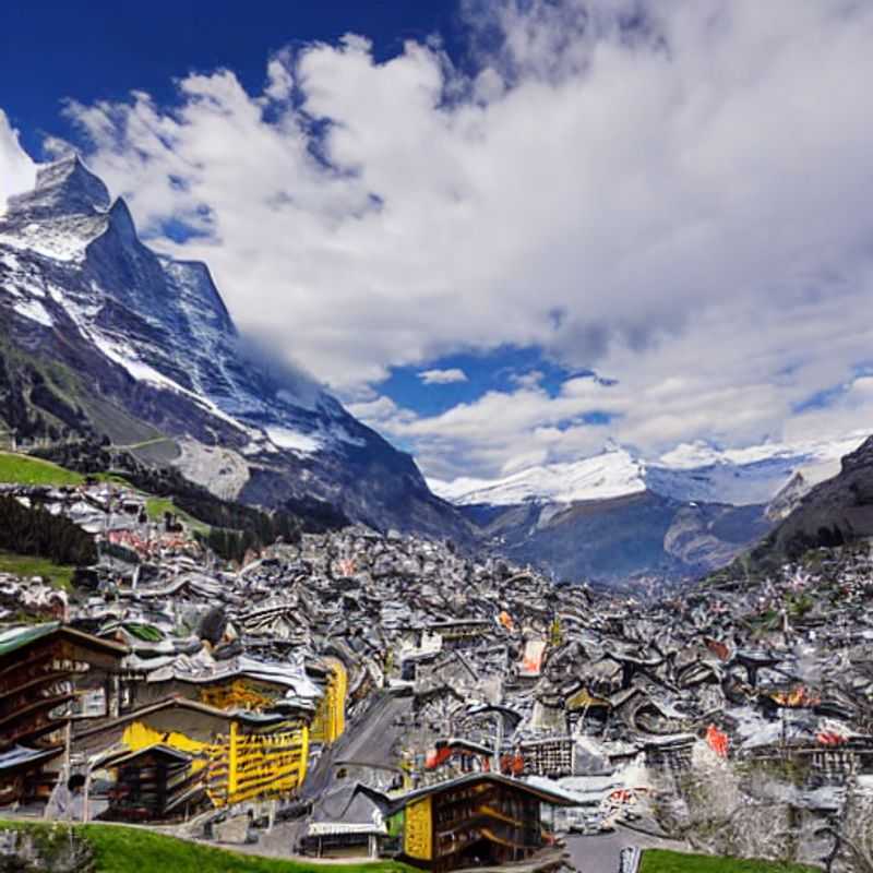 Zermatt au printemps : vue imprenable sur le Cervin enneigé et les chalets traditionnels.
