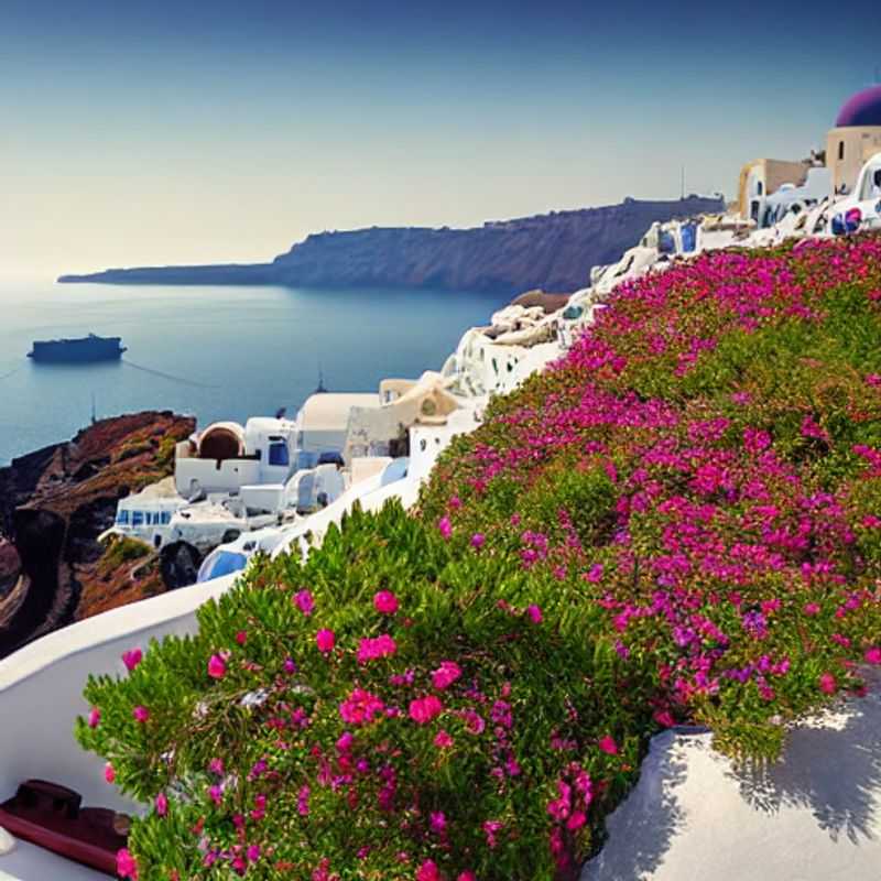 Santorin, Grèce, au printemps : Une vue époustouflante des maisons blanches et bleues typiques perchées sur une falaise, baignées de soleil printanier.