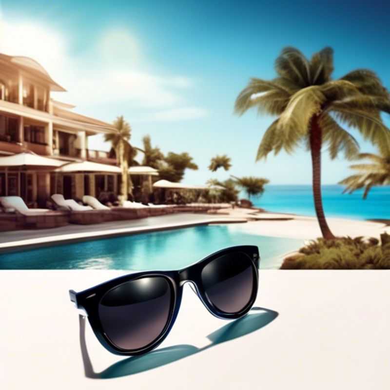 Close-up of a stylish pair of sunglasses, showcasing various details like the frame shape, lens color, and UV protection label.