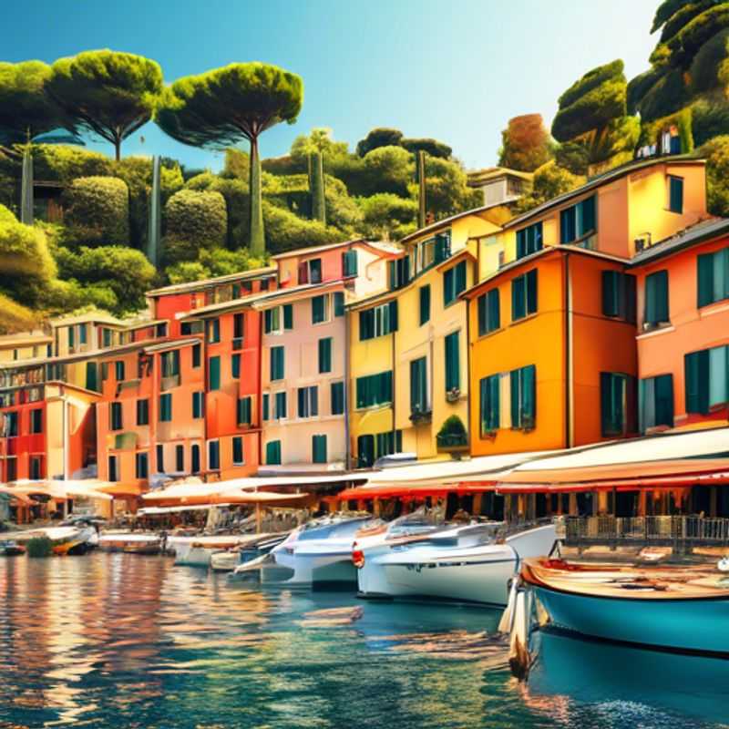 A picturesque winter scene in Portofino, Italy, featuring charming pastel-colored buildings nestled along the harbor, the azure waters sparkling under a crisp blue sky.