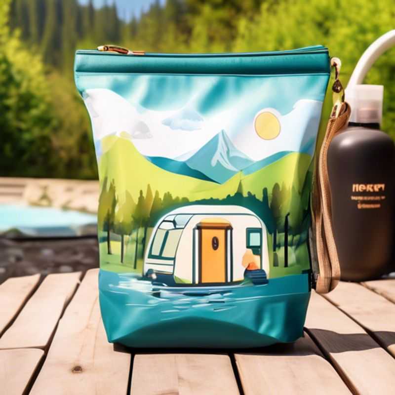 A close-up of a portable shower bag, showcasing its sleek design and hanging functionality, perfect for refreshing yourself while camping or glamping.