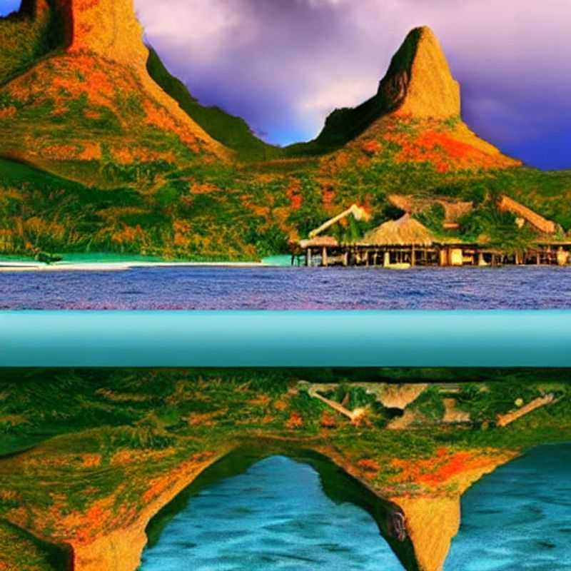 Lagune turquoise scintillante de Bora Bora, reflet du soleil printanier sur les plages de sable blanc.