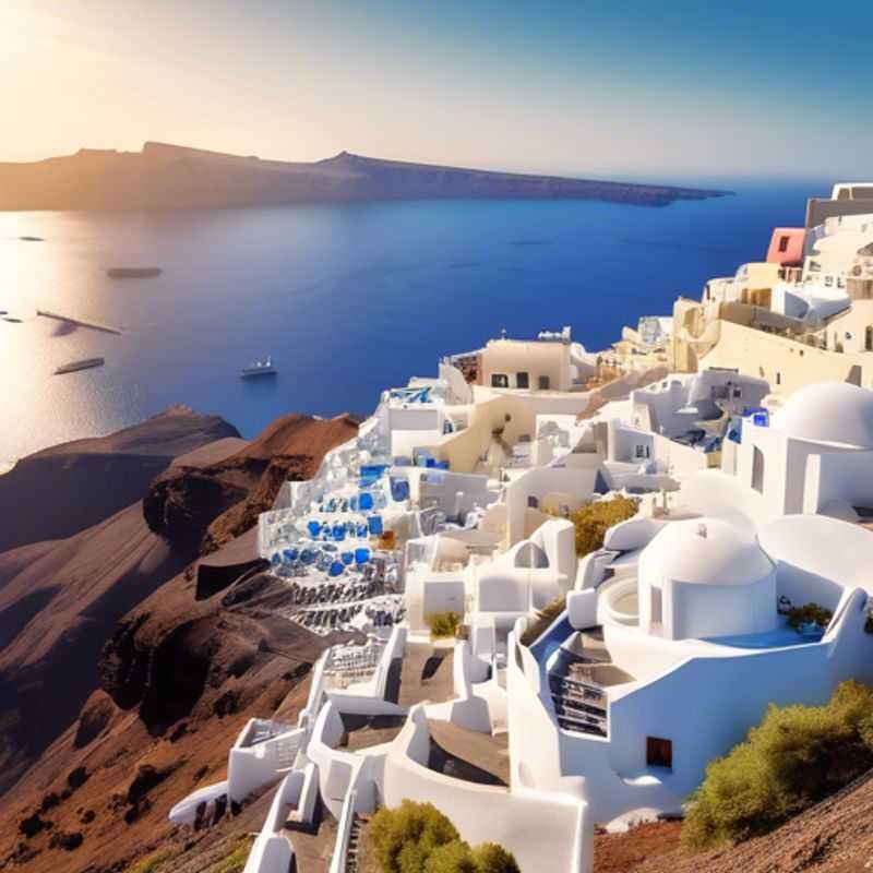 Two couples, embracing the vibrant spring bloom of Santorini, Greece, gazing at the iconic whitewashed villages cascading down the volcanic cliffs, a testament to the island's breathtaking beauty and sustainable spirit.