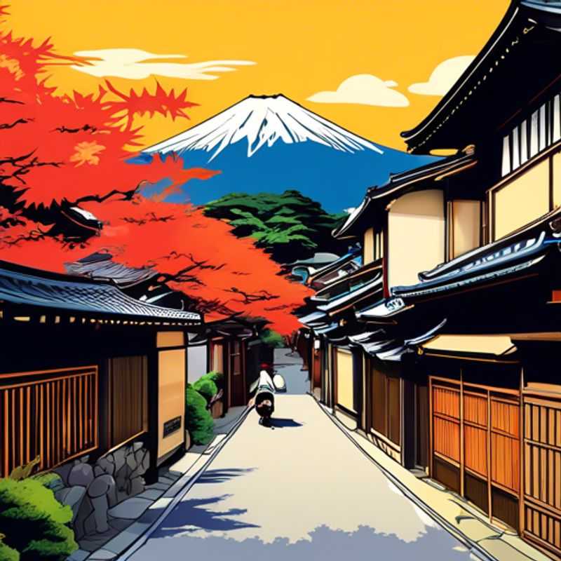 Un couple d'éco-touristes profitant de la beauté sereine de Kyoto, au Japon, pendant leur voyage de trois semaines. On peut voir des temples traditionnels japonais et des jardins paisibles enveloppés dans la douce lumière du soleil d'hiver.