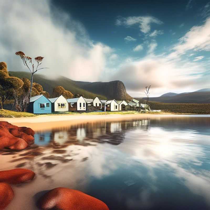 A family of foodies reveling in the vibrant flavors of Tasmania, Australia, with a backdrop of lush green hills and a charming seaside town.