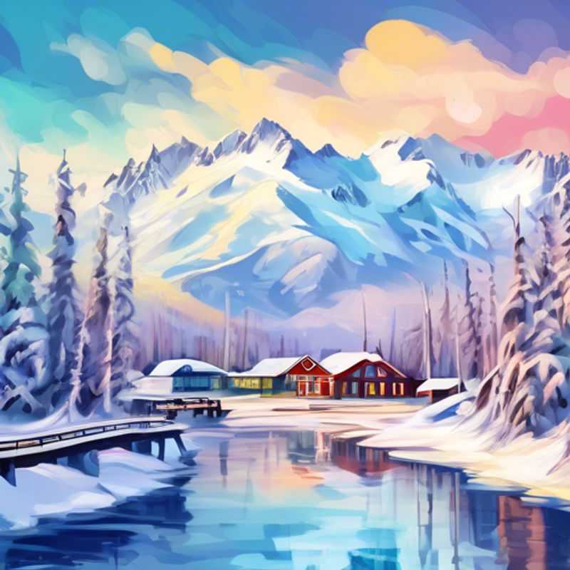 Um aventureiro solitário em busca de uma coolcation admira a beleza dramática das montanhas cobertas de neve do Alasca, EUA, durante sua viagem de uma semana, onde a natureza selvagem e a aventura o aguardam.