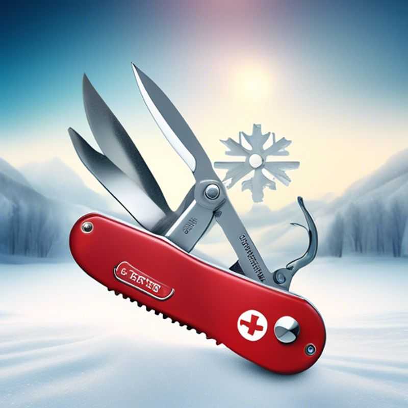 A close-up shot of a sleek multi-tool or Swiss Army Knife, showcasing its array of versatile tools, ready to conquer any adventure.