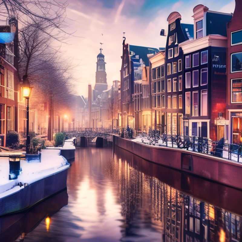 Un voyageur solitaire explorant les canaux d'Amsterdam par une journée d'hiver, la ville illuminée par des lumières scintillantes, reflétant la magie de la saison.