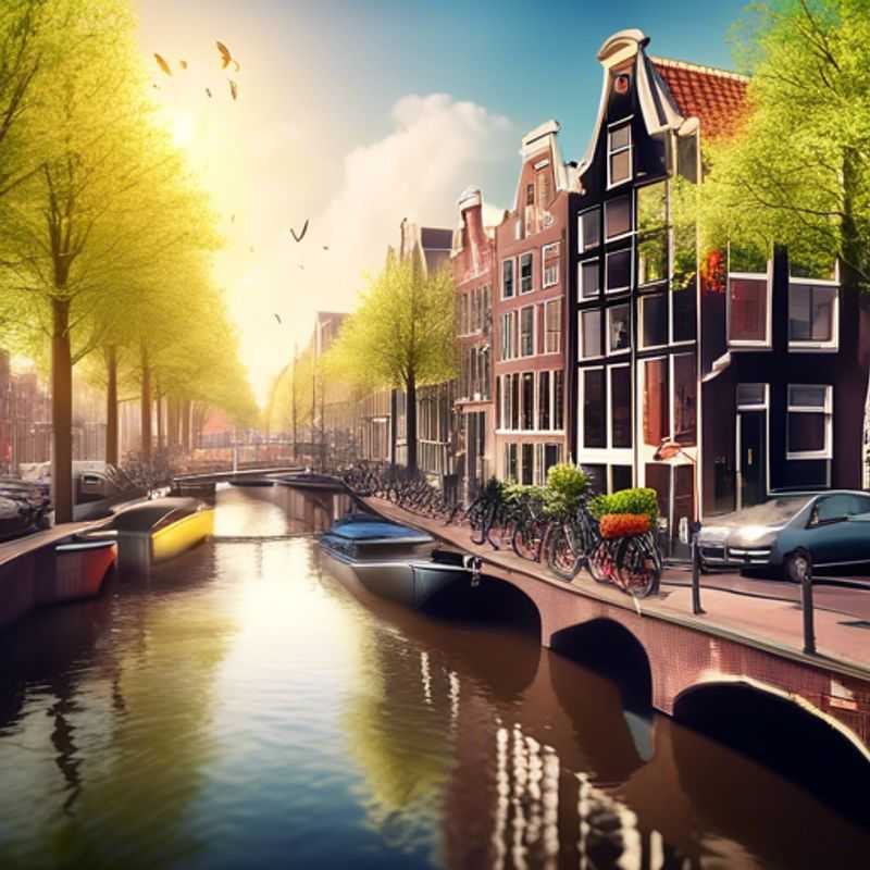 Three couples, the Business Travelers, navigating the picturesque canals of Amsterdam in springtime, with the iconic canal houses and bridges reflecting the vibrant energy of this Dutch gem.
