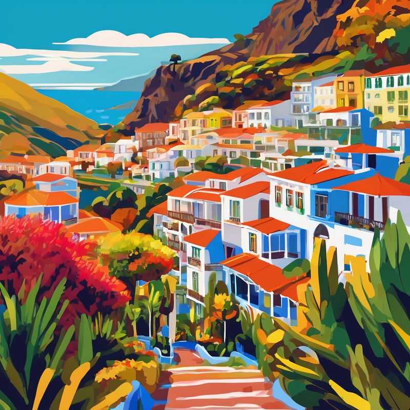 Panoramic view of the vibrant, multi-colored houses nestled along the Funchal harbor on Madeira Island, Portugal, showcasing its charming coastal appeal.