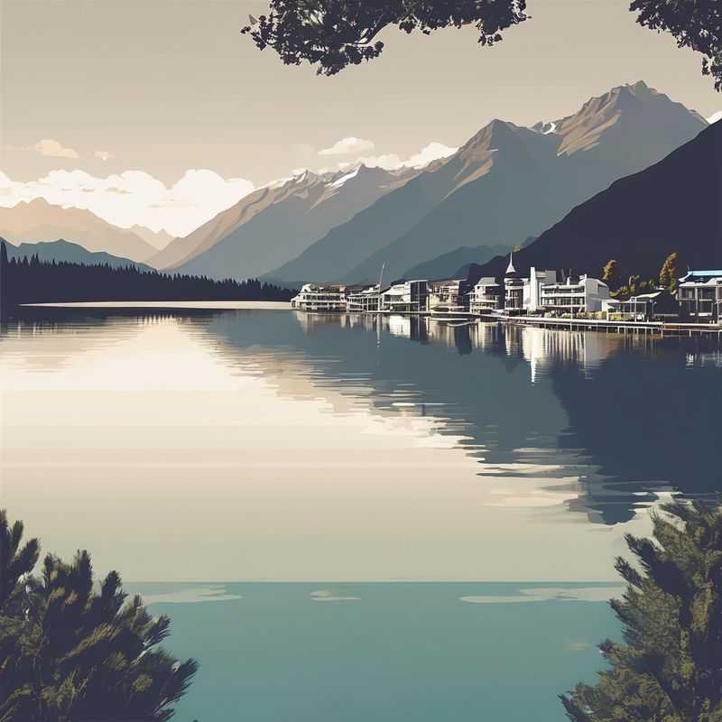 Panoramic view of Queenstown, New Zealand, showcasing the majestic Remarkables mountain range reflecting on the serene waters of Lake Wakatipu, perfect for adventurous stays.